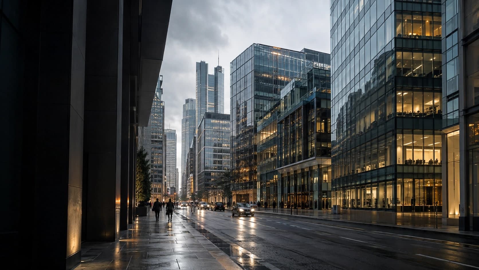 Illustrative contemporary commercial buildings in a financial district