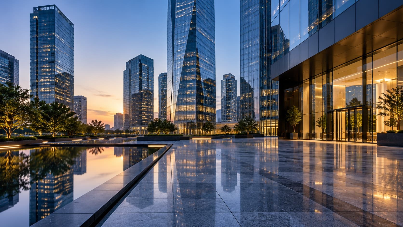 Illustrative modern financial district architecture