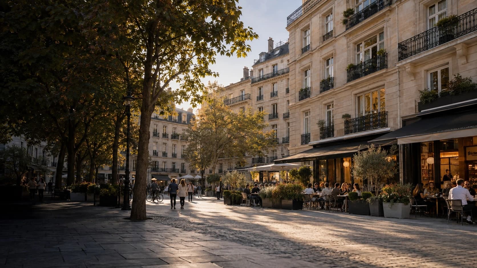 Illustrative mixed-use street with residences and street-level dining
