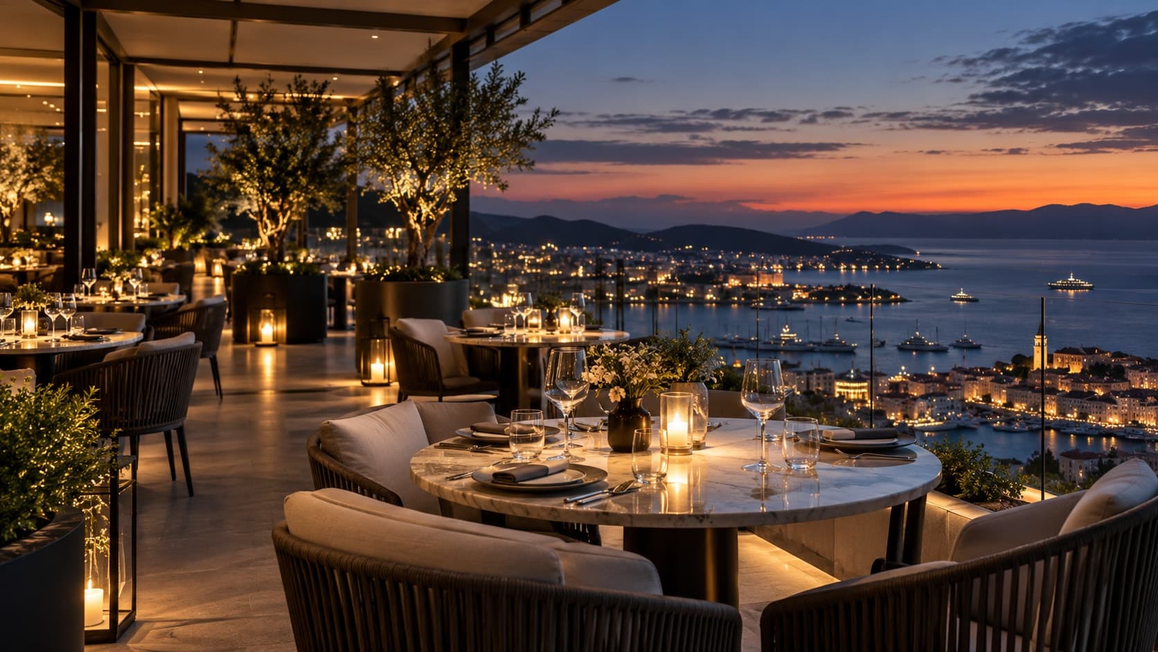 Conceptual rooftop dining terrace at sunset