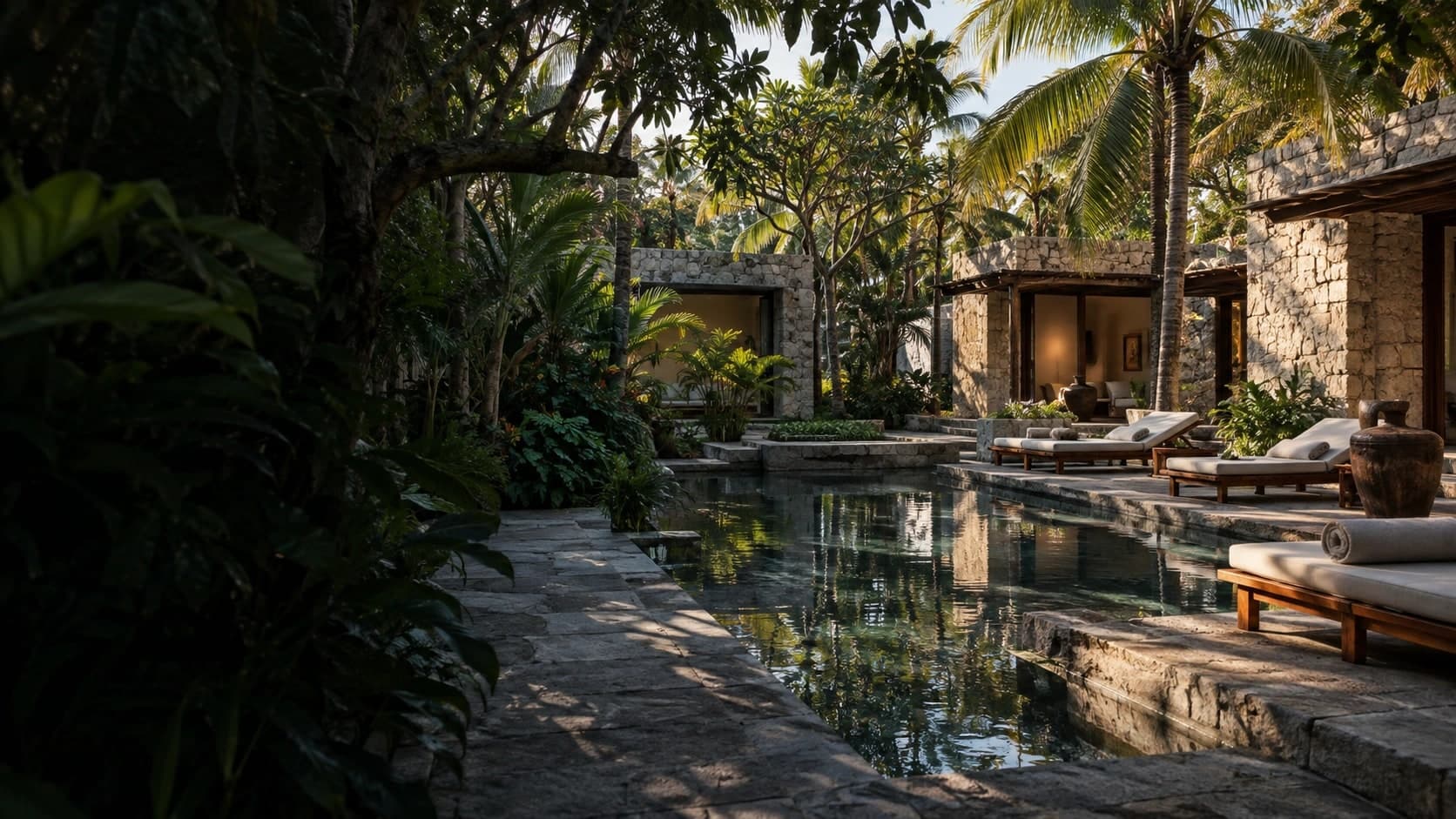 Illustrative tropical hotel courtyard with a reflecting pool